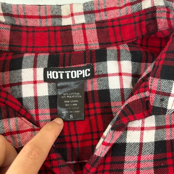 Hot Topic Red Plaid Sugar Skull Flannel Shirt Small Goth Romantic Steam Punk - Picture 9 of 11